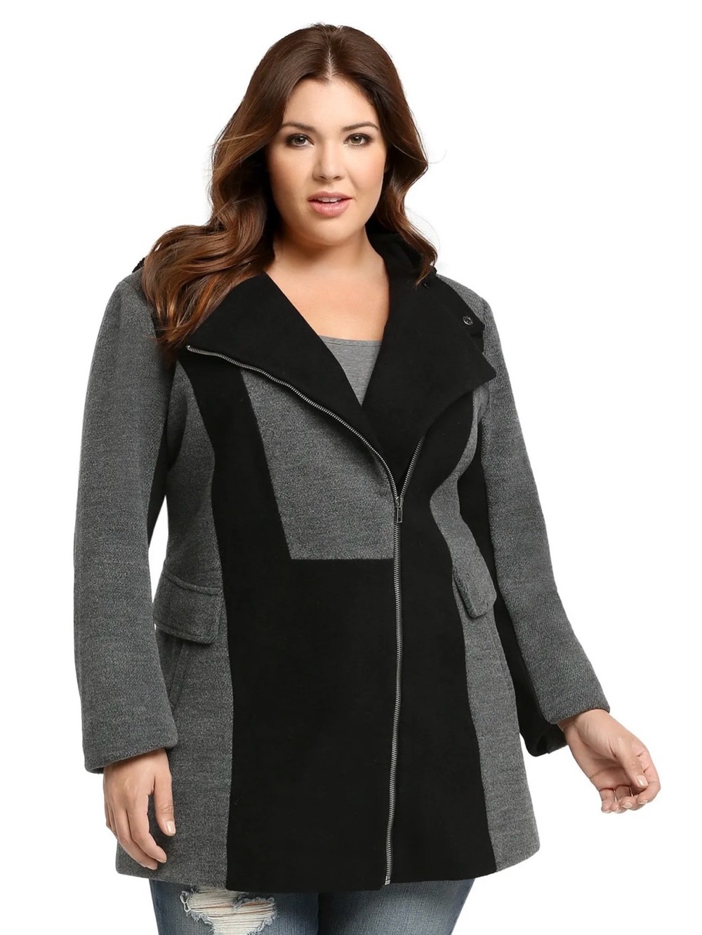Torrid Wool Blend Moto Coat 1X 14 16 Gray Black Detachable Hood Zip Jacket